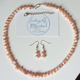 Pretty Soft Peach Genuine Freshwater Pearl Handmade Necklace & Earrings Gift Set