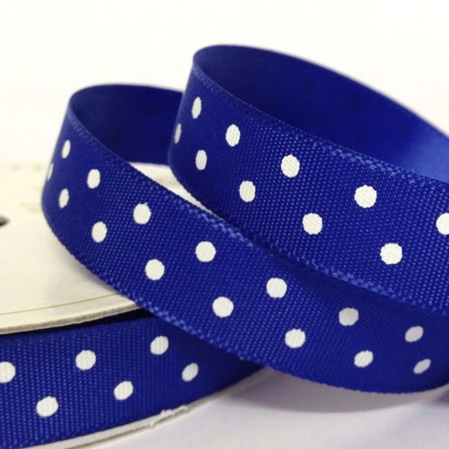 Cobalt Blue Satin Ribbon with White Dots 10mm