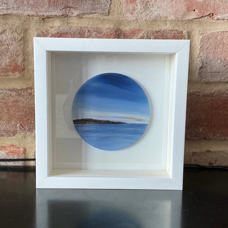 Fused glass hand painted seascape, framed circular panel