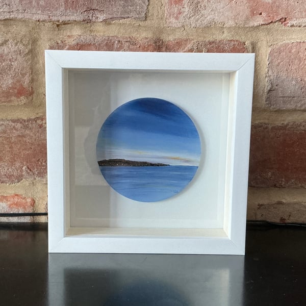 Fused glass hand painted seascape, framed circular panel