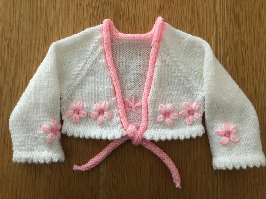 White Bolero Cardigan With Embroidered Pink Flowers And Trim 3 - 6 Months (R713)
