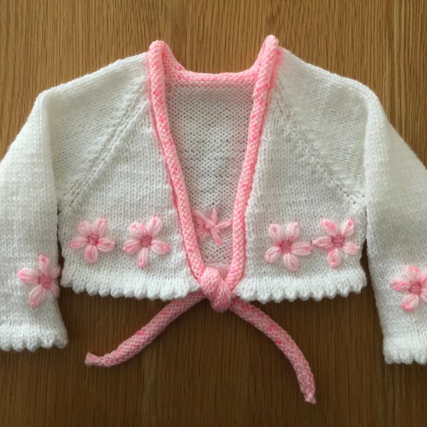 White Bolero Cardigan With Embroidered Pink Flowers And Trim 3 - 6 Months (R713)