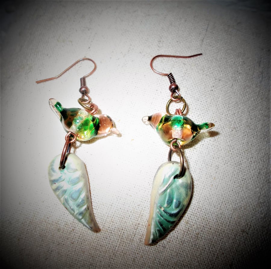Green bird leaf earrings FREE UK Post