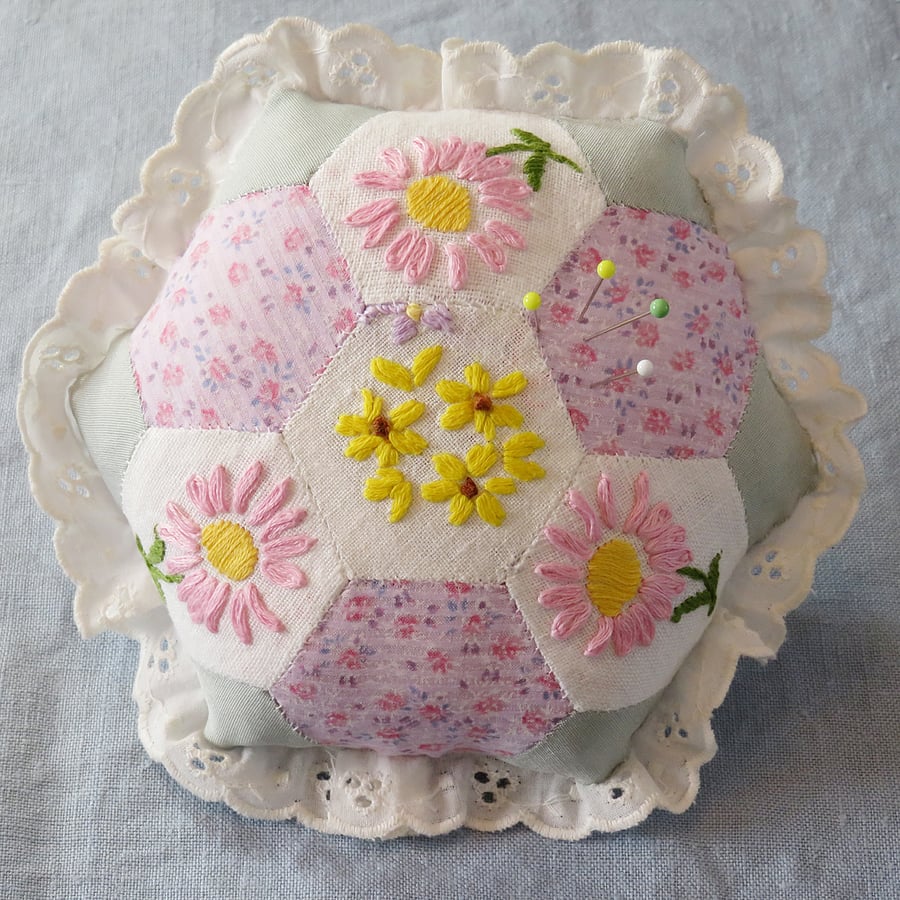 Hexagonal Patchwork Pincushion from embroidered vintage linen