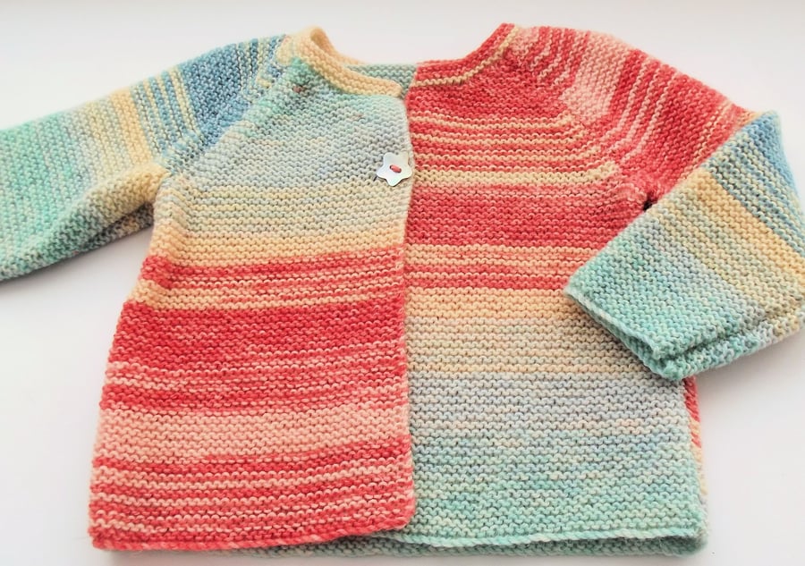 Babies Handknitted Jacket Cardigan, Salmon and Blue, 3 to 6 monthes, hm45