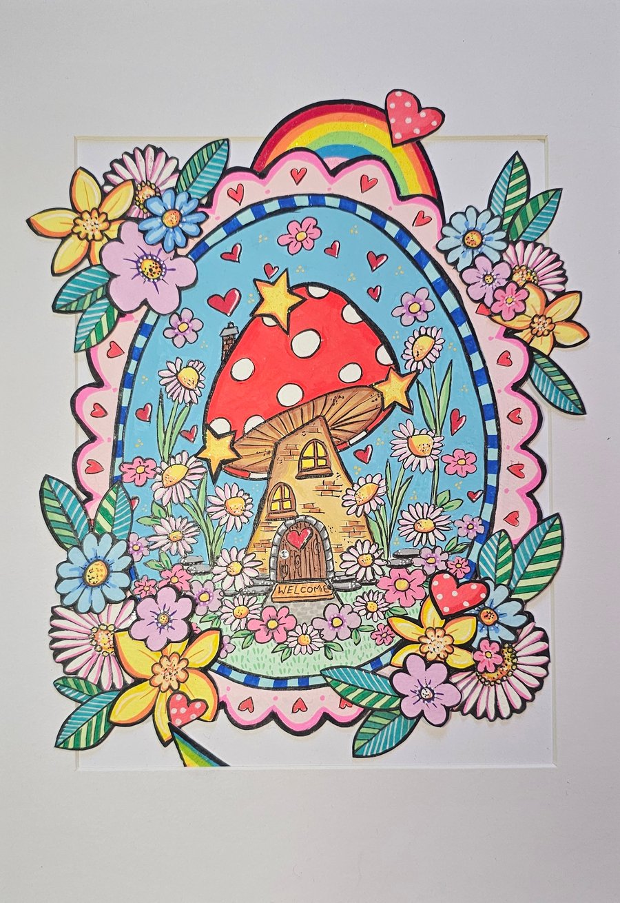 A cute fairy toadstall painting illustration with rainbow and flowers.