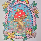 A cute fairy toadstall painting illustration with rainbow and flowers.