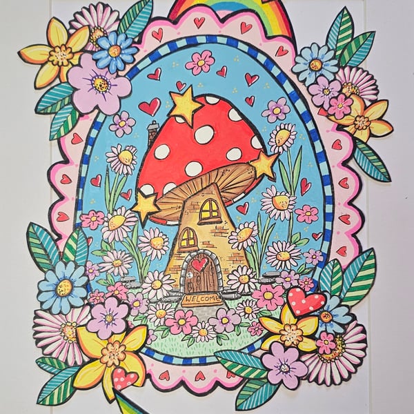 A cute fairy toadstall painting illustration with rainbow and flowers.