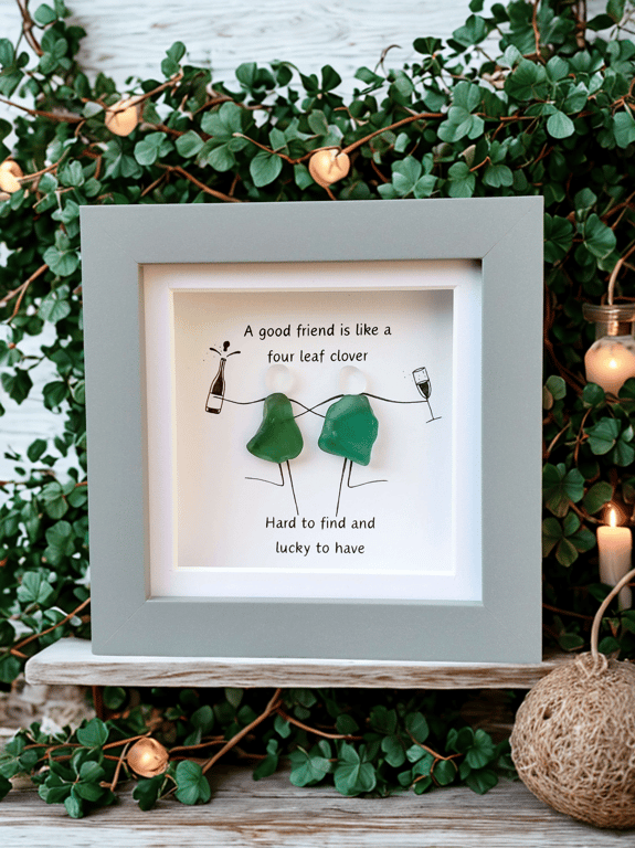 Handmade Sea Glass Friendship Wall Art - Gift Frame for Besties