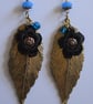 Fashion Dangle Gold & Turquoise Coloured Leaf Drop Earrings - Image 2