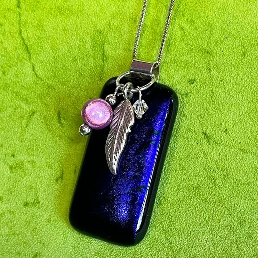 Velvety Purple Fused glass pendant with feather and crystal