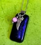 Velvety Purple Fused glass pendant with feather and crystal