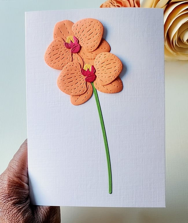 Orange Paper Orchids - Flower Shop Moments, Blank Handmade Floral Card 