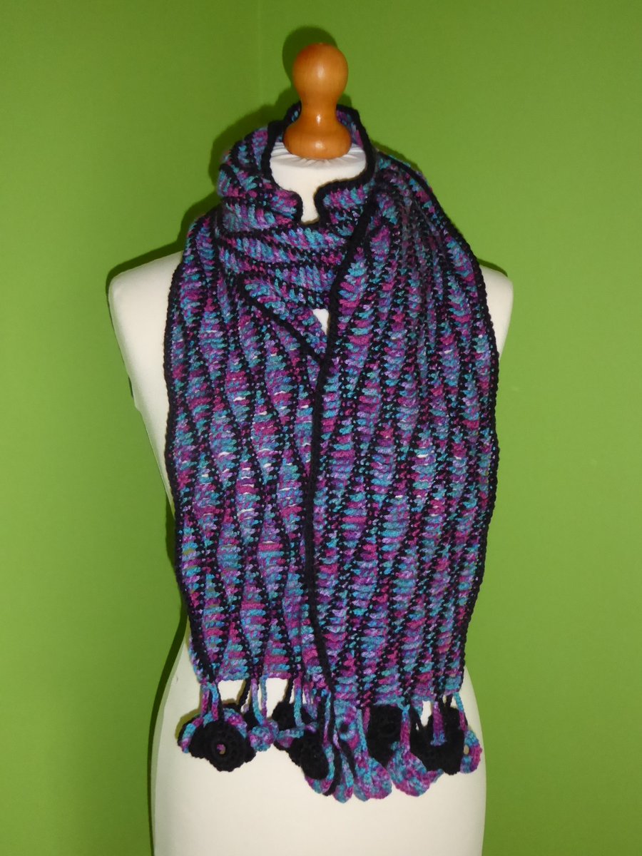 Scarf in Crochet Wave Stitch with Circle Tassel Trim. Black Purple Scarf