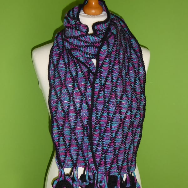 Scarf in Crochet Wave Stitch with Circle Tassel Trim. Black Purple Scarf