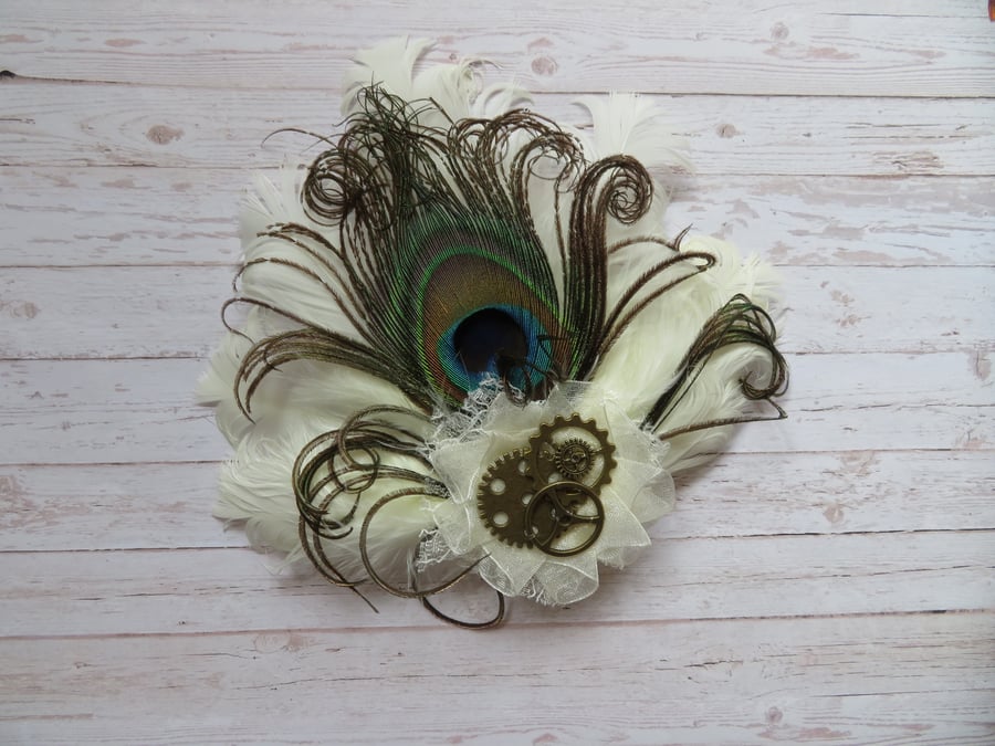 Ivory Peacock Feather with Brass Cogs & Gears Steampunk Bridal Hair Clip