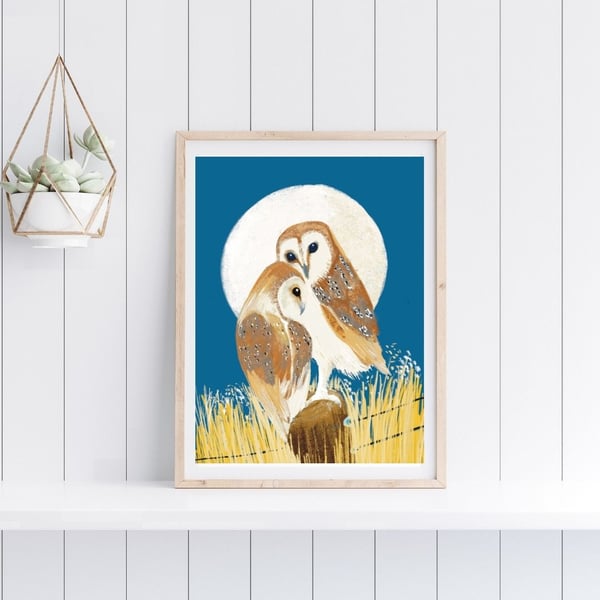 Owl Art Print - Barn Owls bird art print