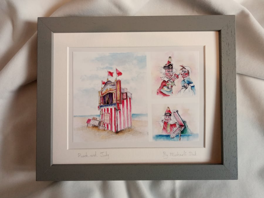original hand painted watercolour print of a punch and Judy show Weymouth