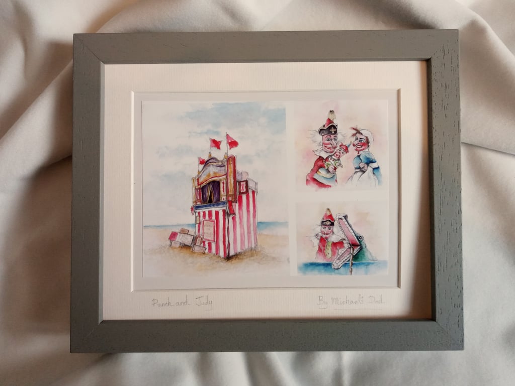 original hand painted watercolour print of a punch and Judy show Weymouth