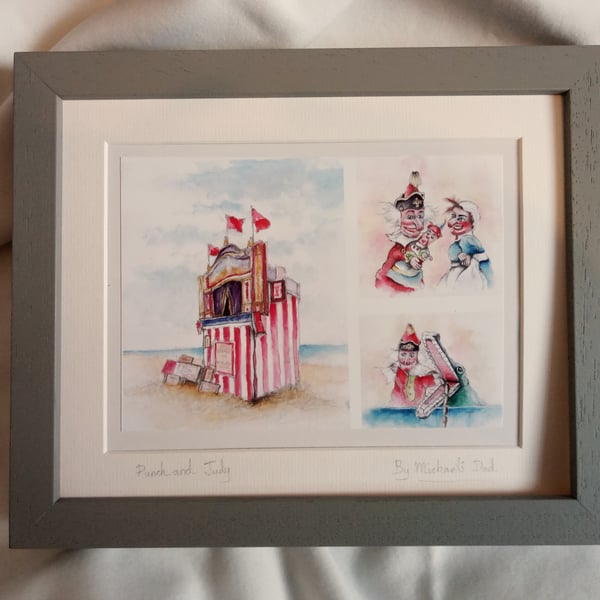 original hand painted watercolour print of a punch and Judy show Weymouth