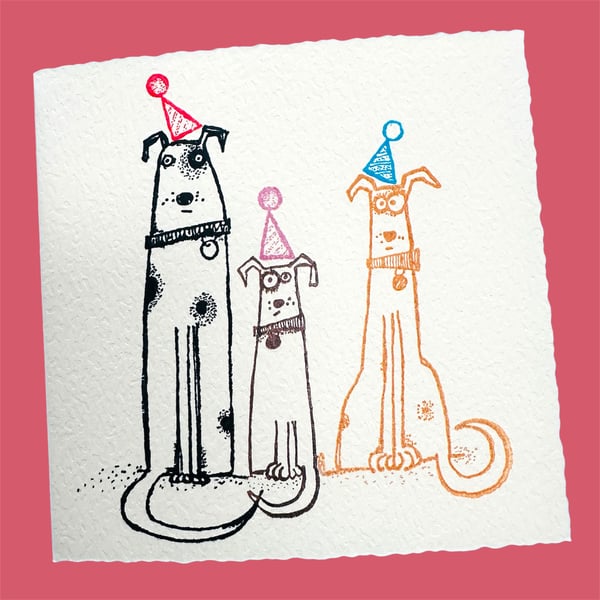 Birthday card with cute dogs in party hats, textured card. 
