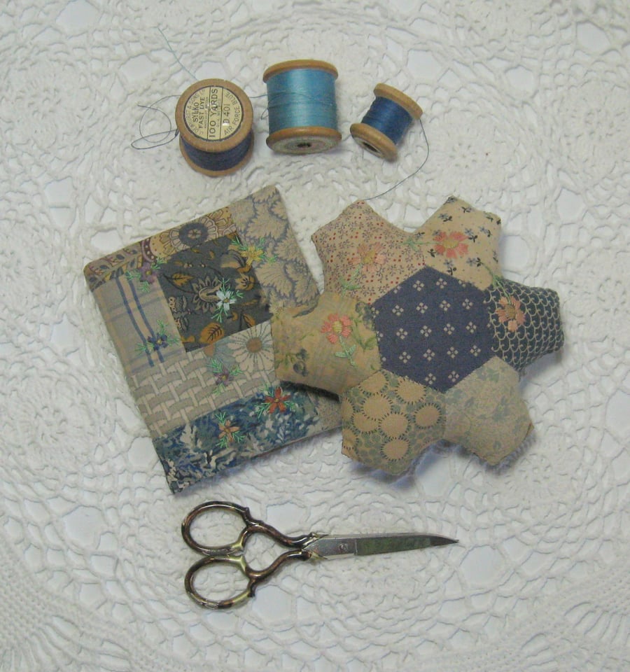Hand embroidered needle case and pin cushion set
