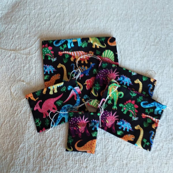 Five dinosaur drawstring bags, hand made