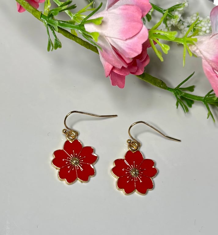 Red Flower Earrings, Floral Charms, Handmade Jewellery 