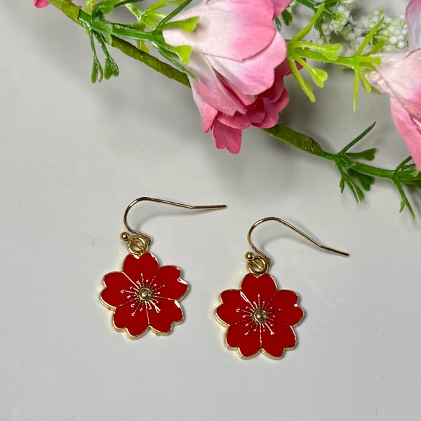 Red Flower Earrings, Floral Charms, Handmade Jewellery 