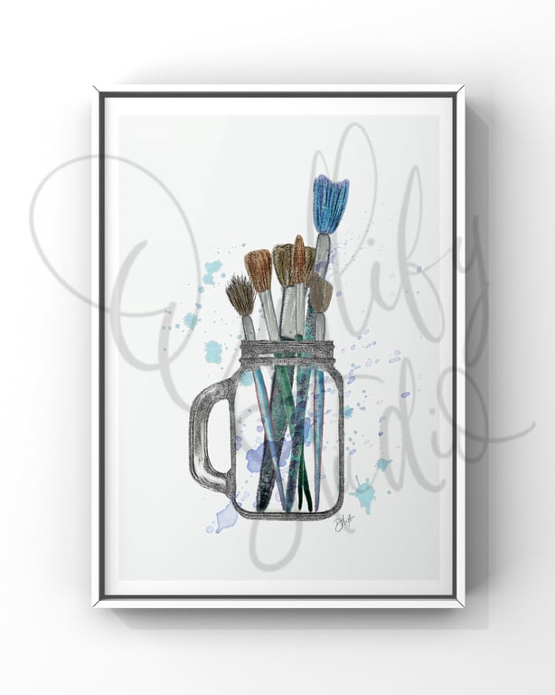 Watercolour Signed Art Print - Mason Jar Paintbrush Holder