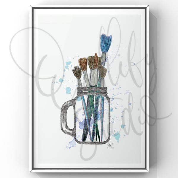 Watercolour Signed Art Print - Mason Jar Paintbrush Holder