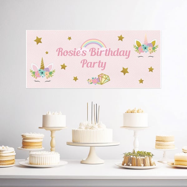 Personalised Unicorn Birthday Banner, Birthday Party Wall Decor in satin paper