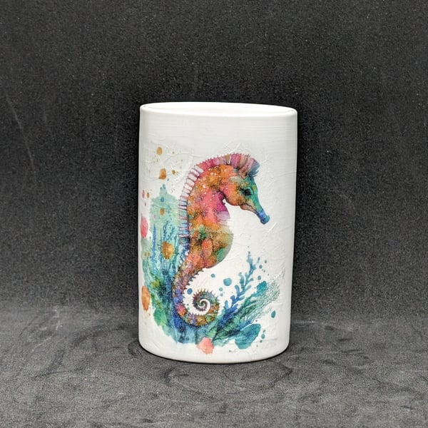 Decoupage, ceramic tooth brush holder-Tumbler with images of a Seahorse