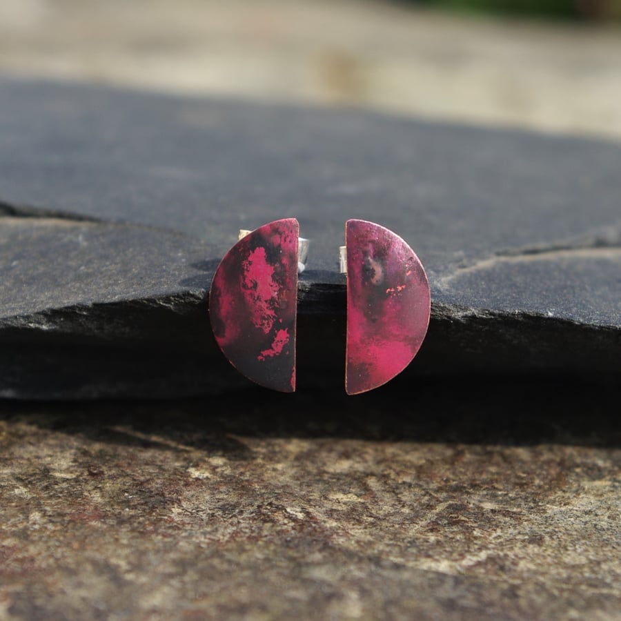 Dark Red Copper Half Moon Stud Earrings