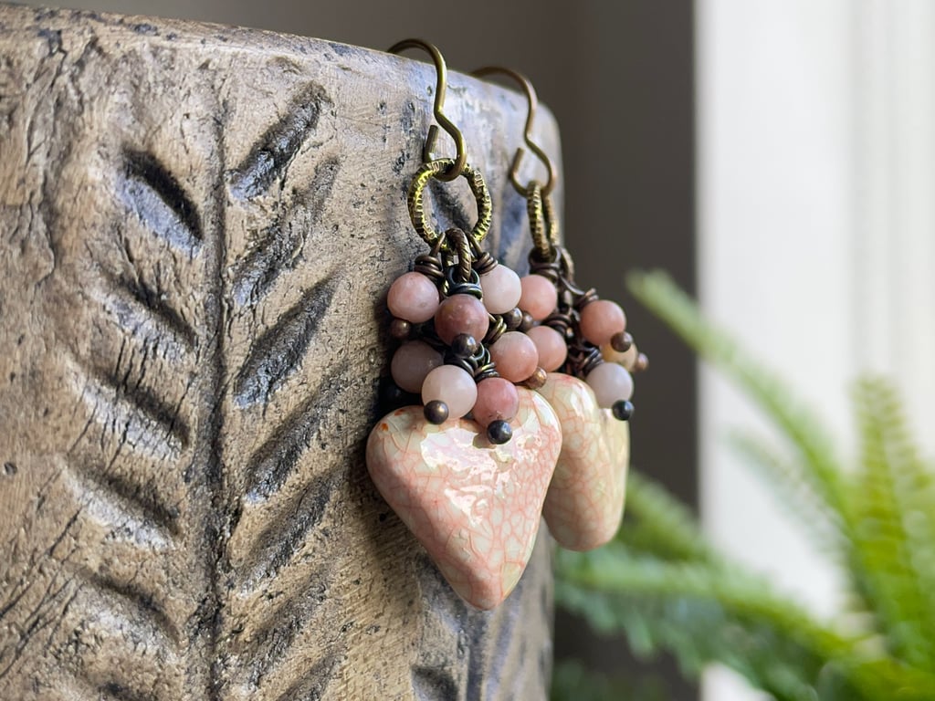 Blush Heart Earrings. Artisan Ceramic Heart Earrings with Pink Jasper Beads