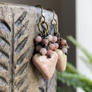 Blush Heart Earrings. Artisan Ceramic Heart Earrings with Pink Jasper Beads