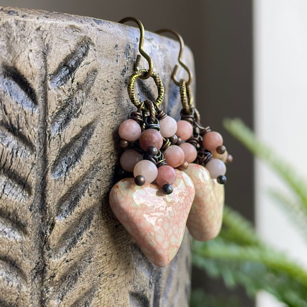 Blush Heart Earrings. Artisan Ceramic Heart Earrings with Pink Jasper Beads