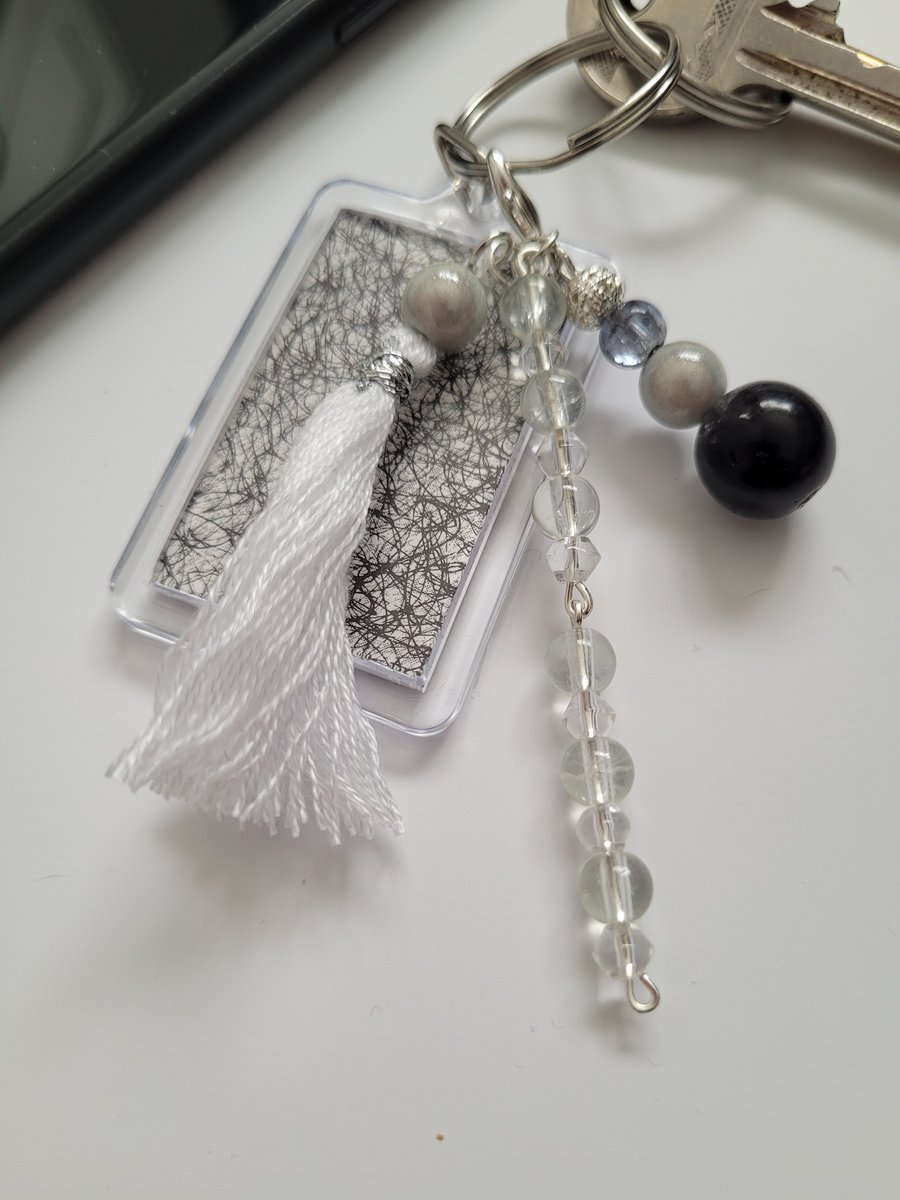 Black, silver and white bag charm, keyring, zip pull, journal charm, Bible charm