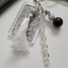 Black, silver and white bag charm, keyring, zip pull, journal charm, Bible charm