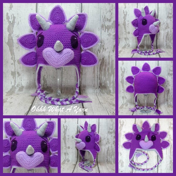 Crochet purple dinosaur hat, triceratops hat, dino hat Age 3-6 years