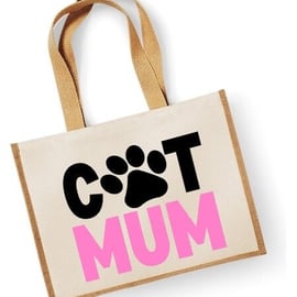 Cat Mum Paw Print Large Jute Classic Shopper Canvas Bag - Cat Lover Gift