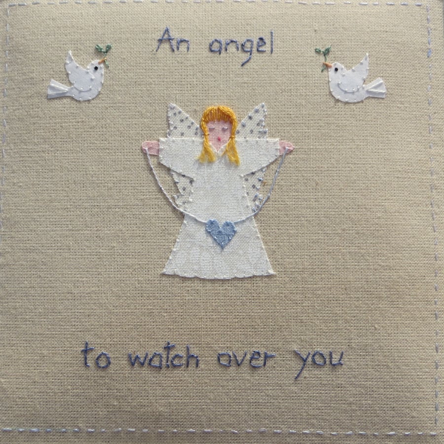 SOLD Guardian Angel framed embroidery, for new baby, first birthday, 