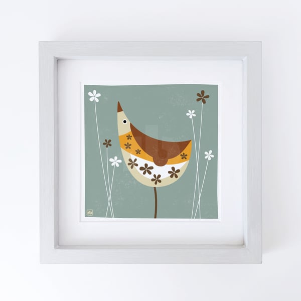 Song Thrush With Flowers illustration, original Giclee print