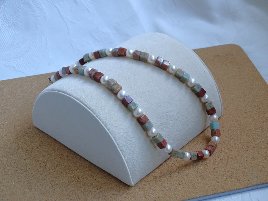Snake Skin Jasper & Pearl Necklace