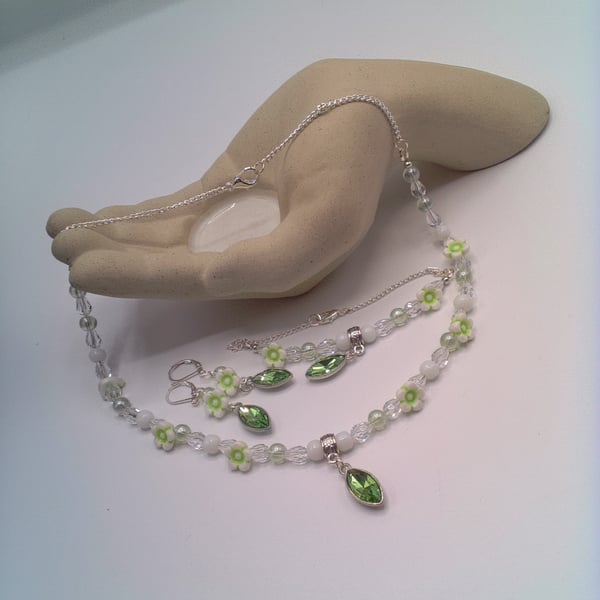 Green and White Bead Floral Jewellery Set with Green Crystal Drops, Gift for Her