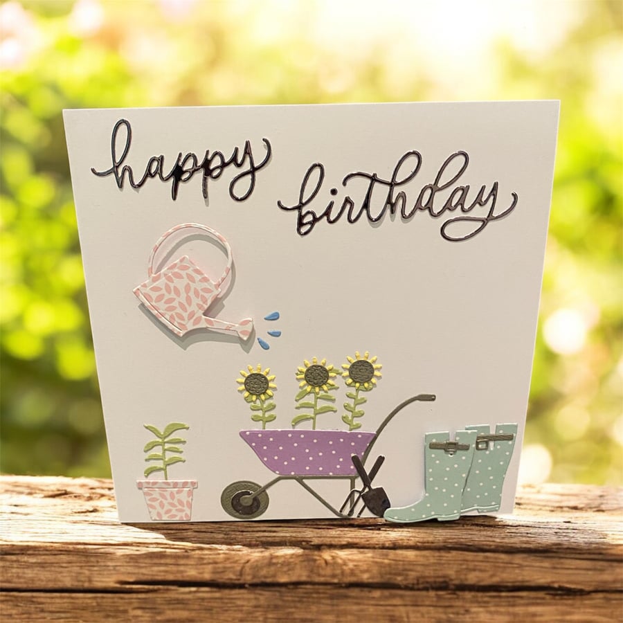Gardening-Themed Handmade Birthday Card with 3D Details