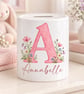 Personalised Pink Floral Initial Money Box – Baby Girl, Christening & First Birt