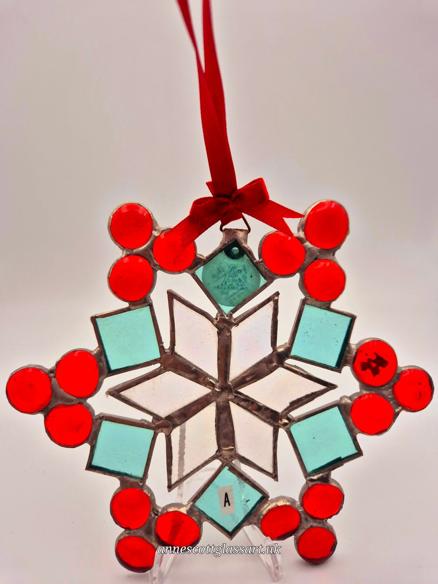 Handmade stained Glass Six-pointed Snowflake,Star. Suncatcher Turquoise and Red