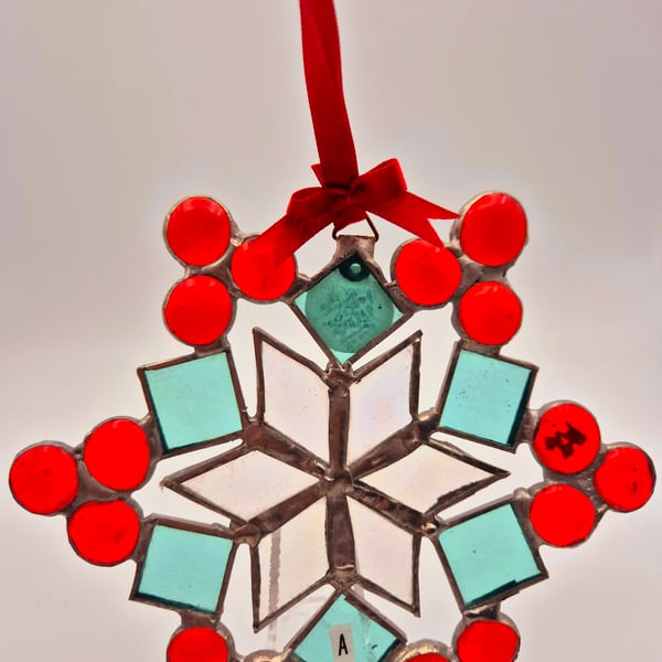 Handmade stained Glass Six-pointed Snowflake,Star. Suncatcher Turquoise and Red