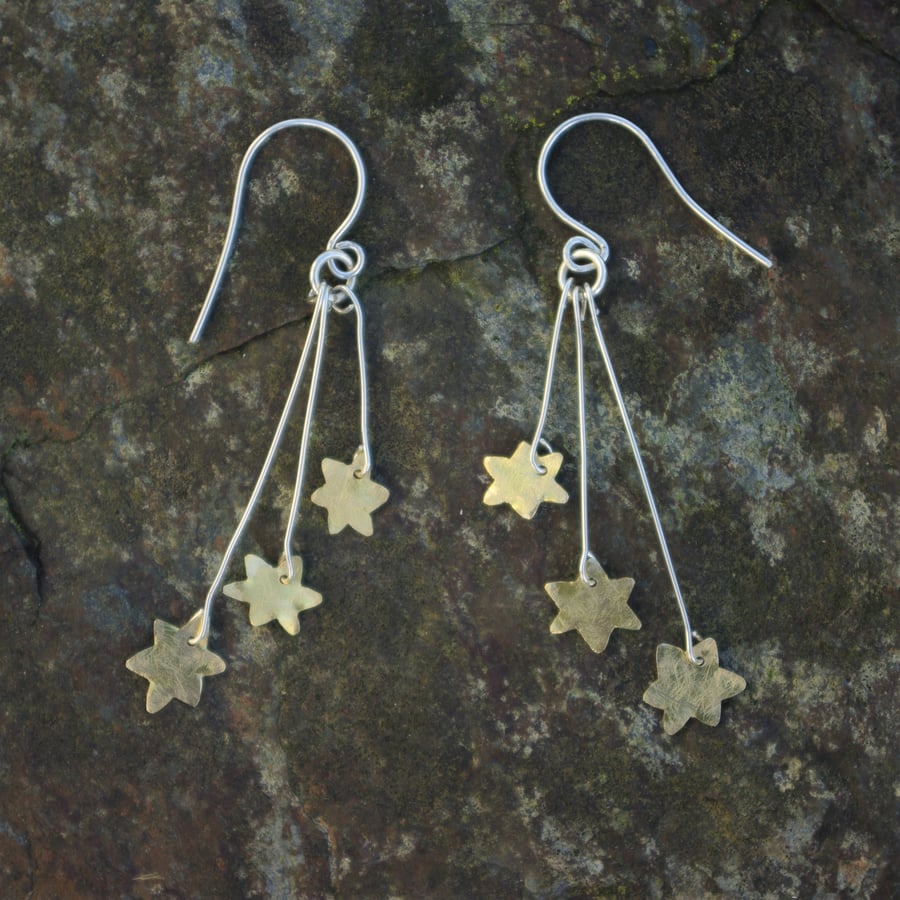 Orion's Belt  Three  Brass Stars Dangle Earrings